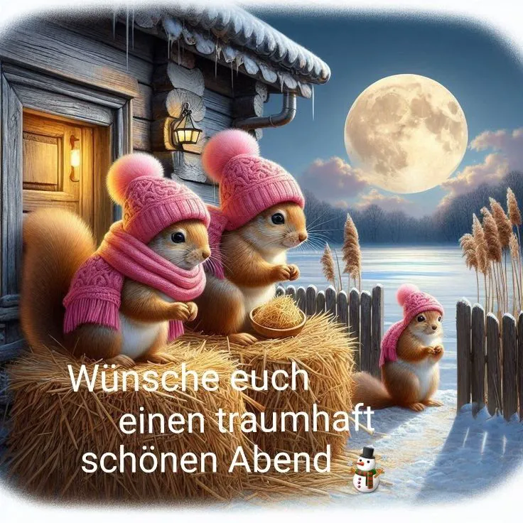Drei niedliche Eichhörnchen mit rosa Mützen sitzen auf Heu im Schnee unter Vollmond. Ein kleines Holzhaus und ein Schneemann sind sichtbar.
